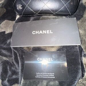 CHANEL Black Glasses Case with Logo box and certificate of authenticity card.